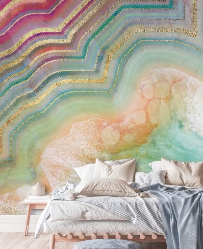 Tapete mit Geode-Effekt in Rosa, Pfirsich und Türkis