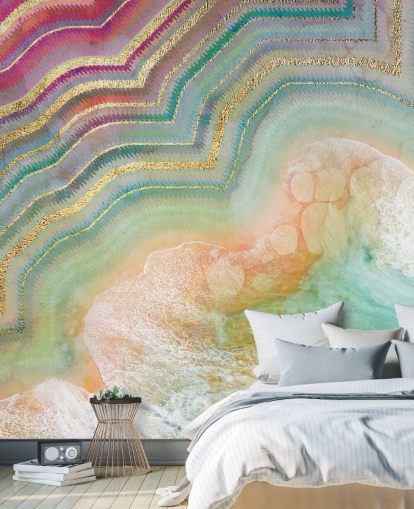 pink, fersken og turkis geode effekt tapet