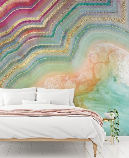 roze, perzik en turquoise geode effect behang