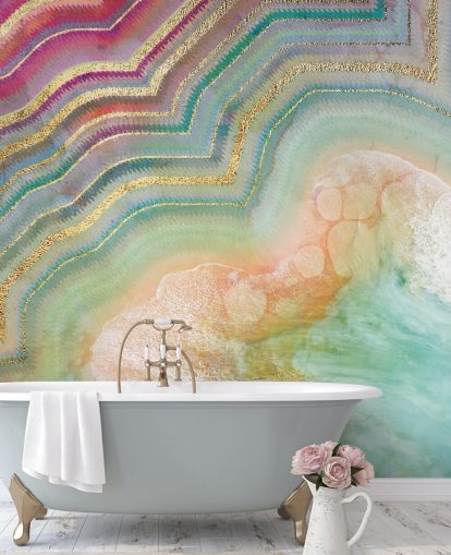 pink, peach and turquoise geode effect wallpaper