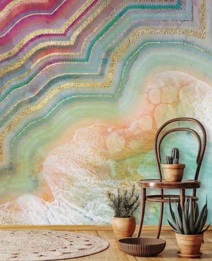 pink, peach and turquoise geode effect wallpaper