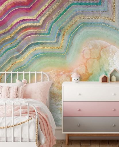 roze, perzik en turquoise geode effect behang