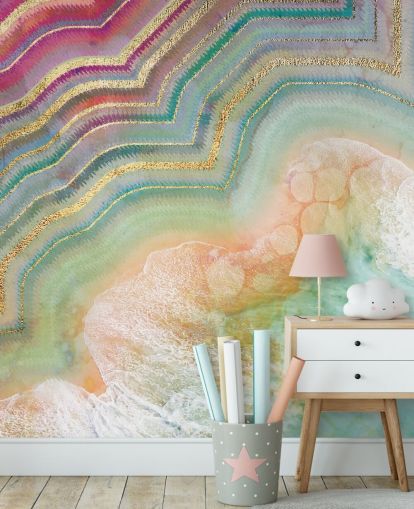 papel pintado efecto geoda rosa, melocotón y turquesa