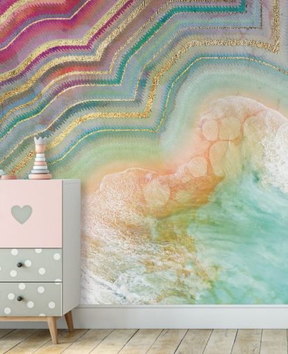 carta da parati effetto geode rosa, pesca e turchese