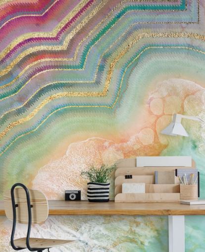 papel pintado efecto geoda rosa, melocotón y turquesa