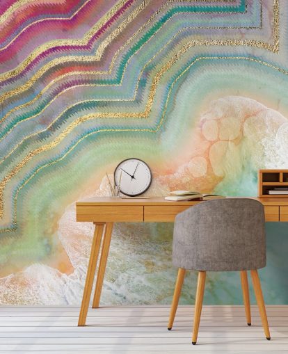 papel pintado efecto geoda rosa, melocotón y turquesa