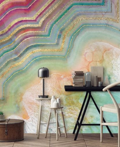 pink, peach and turquoise geode effect wallpaper