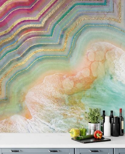 roze, perzik en turquoise geode effect behang