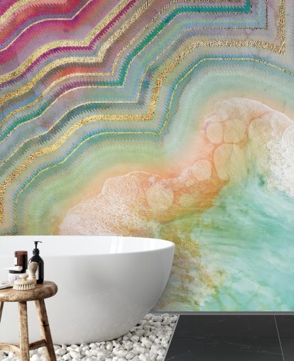 roze, perzik en turquoise geode effect behang
