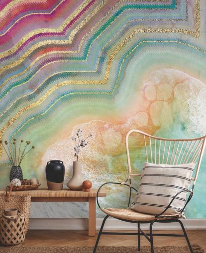 papel pintado efecto geoda rosa, melocotón y turquesa