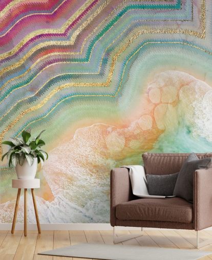 pink, peach and turquoise geode effect wallpaper