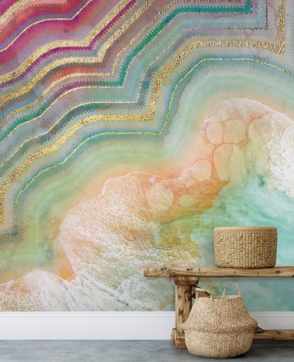 roze, perzik en turquoise geode effect behang