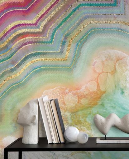 papel pintado efecto geoda rosa, melocotón y turquesa