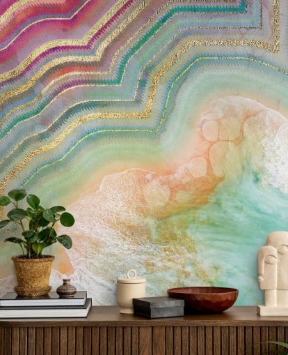 pink, peach and turquoise geode effect wallpaper