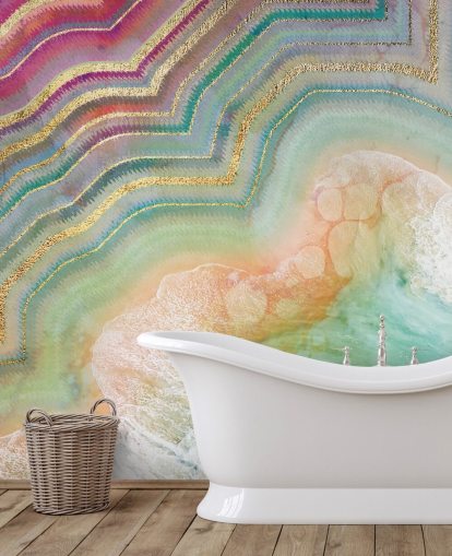 roze, perzik en turquoise geode effect behang