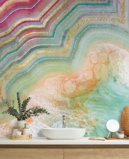 papel pintado efecto geoda rosa, melocotón y turquesa