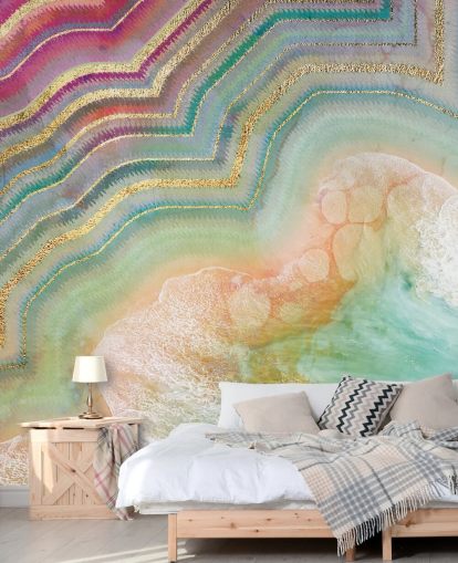 papel pintado efecto geoda rosa, melocotón y turquesa