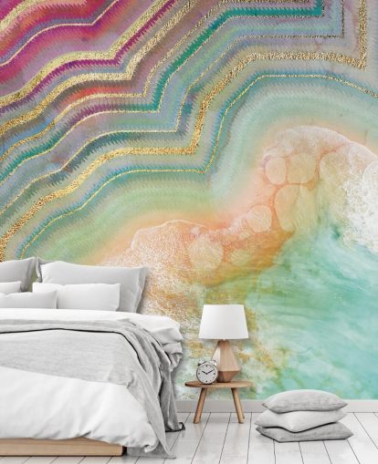 papel de parede de efeito geodo rosa, pêssego e turquesa