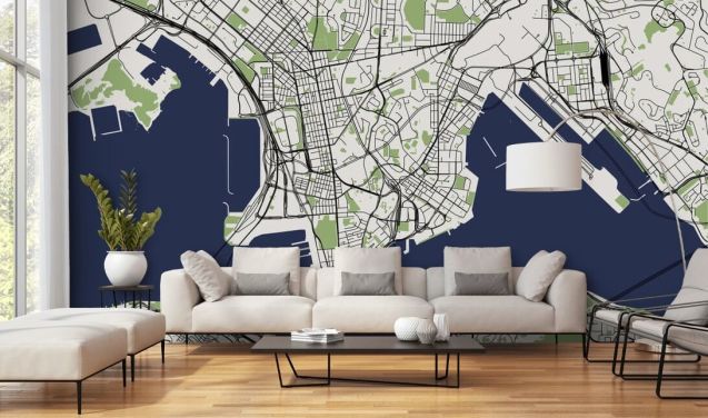 blauwe en groene kaart van hong kong behang