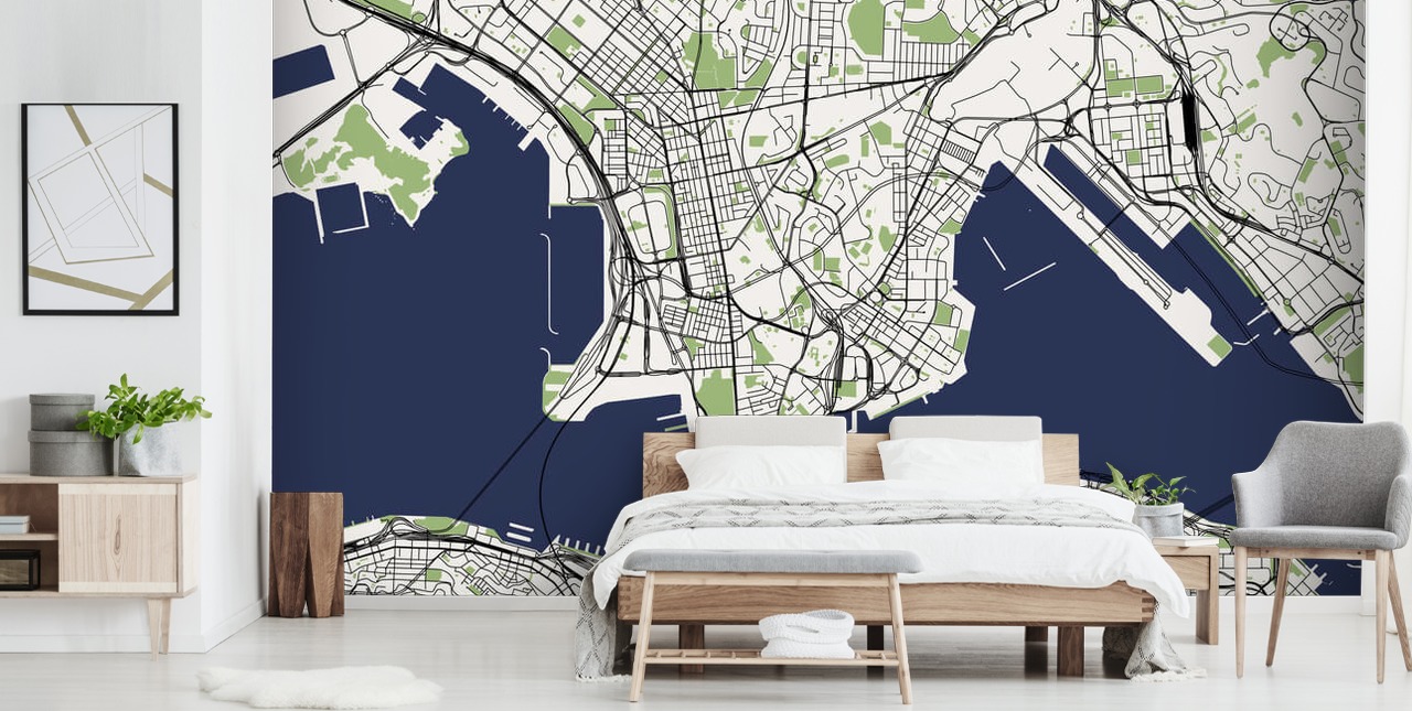blauwe en groene kaart van hong kong behang