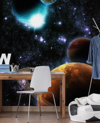 Abstrakta planeter med stjärnnebulosa väggmålning