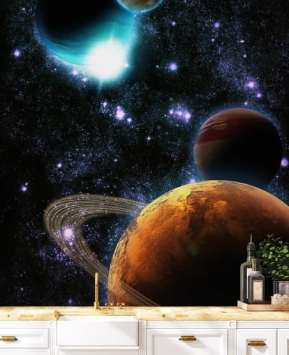 Decorazione murale con pianeti astratti con nebulosa stellare Decorazione murale con pianeti astratti con nebulosa stellare