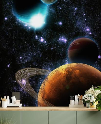 Abstrakta planeter med stjärnnebulosa väggmålning