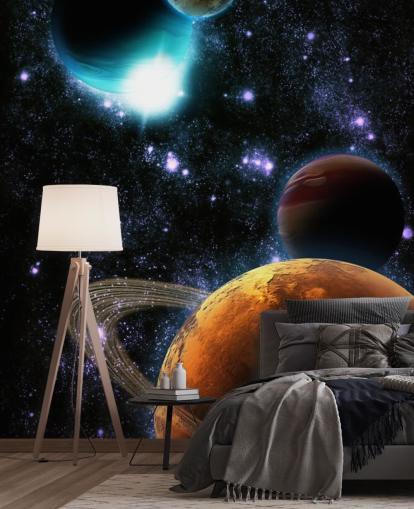 Decorazione murale con pianeti astratti con nebulosa stellare