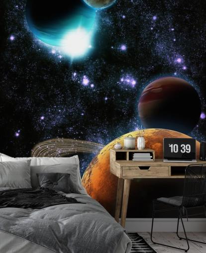 Decorazione murale con pianeti astratti con nebulosa stellare