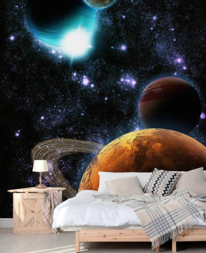 Planetas abstratos com mural de parede de nebulosa estelar