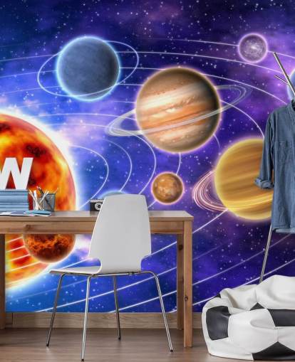 Planeten rond de muurschildering van de zon