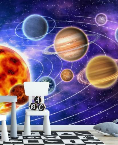 Decorazione murale con pianeti orbitanti intorno al sole