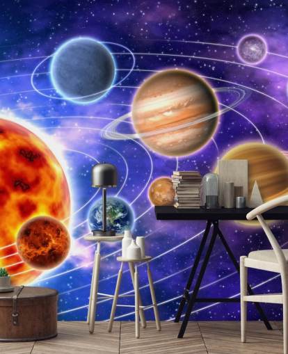 Planeten rond de muurschildering van de zon Planeten rond de muurschildering van de zon