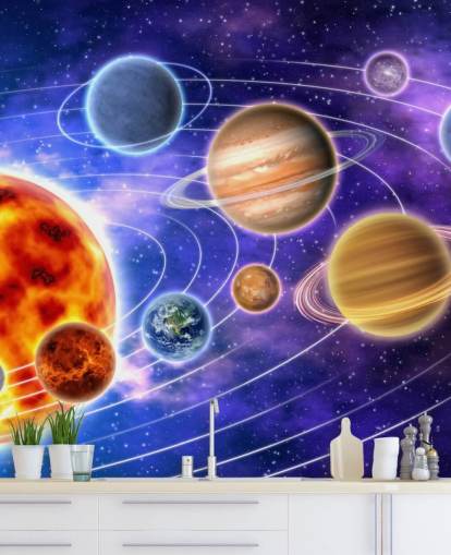 Planeten rond de muurschildering van de zon