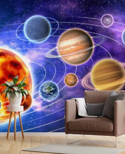 Decorazione murale con pianeti orbitanti intorno al sole