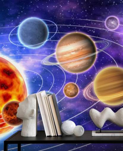 Planeten rond de muurschildering van de zon Planeten rond de muurschildering van de zon