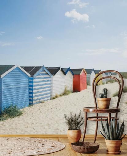 Felgekleurde strandhutten behang muurschildering