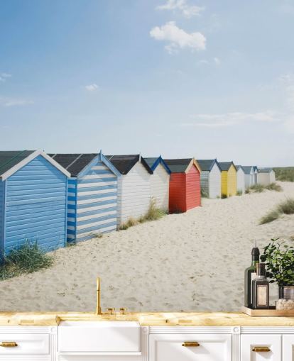 Brightly Coloured Beach Huts Wallpaper Mural