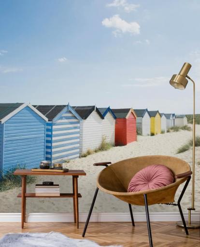 Brightly Coloured Beach Huts Wallpaper Mural