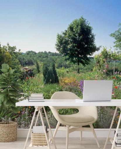 Schilderachtige Engelse tuin in zomermuurschildering
