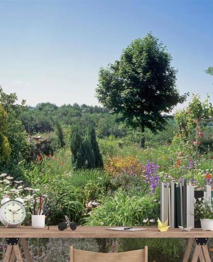Schilderachtige Engelse tuin in zomermuurschildering