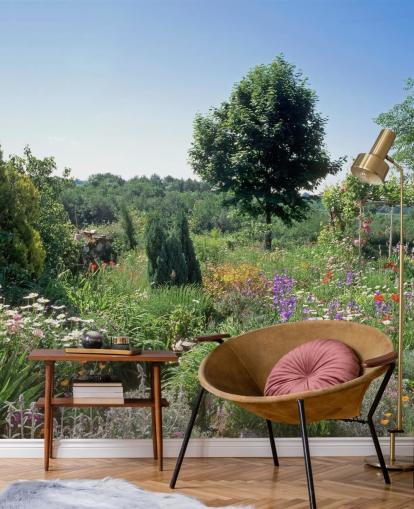 Schilderachtige Engelse tuin in zomermuurschildering