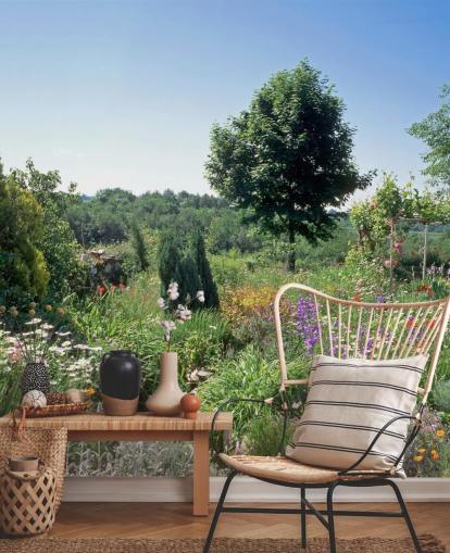 Schilderachtige Engelse tuin in zomermuurschildering