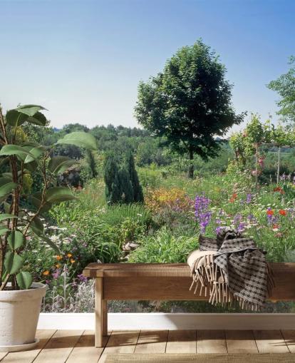 Schilderachtige Engelse tuin in zomermuurschildering