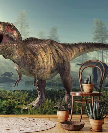 Tyrannosaurus Rex Hunts Vægmaleri Baggrund