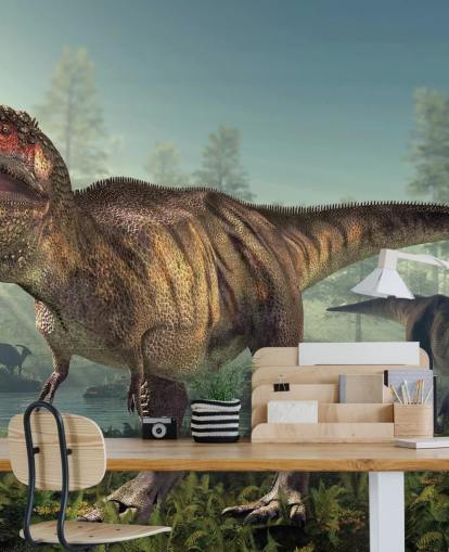 Tyrannosaurus Rex metsästää seinämaalaus Taustakuva