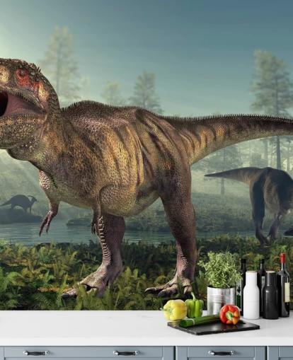 Tyrannosaurus Rex Hunts Vægmaleri Baggrund Tyrannosaurus Rex Hunts Vægmaleri Baggrund