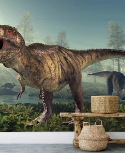Tyrannosaurus Rex Hunts Vægmaleri Baggrund