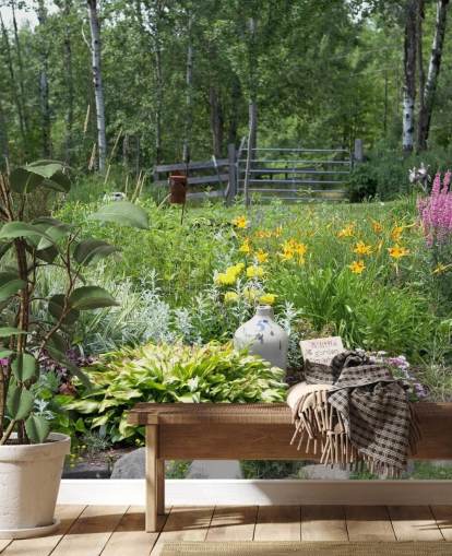 Decorazione murale con giardino fiorito britannico