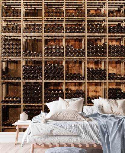 dark customisable wine cellar wallpaper mural called Wine Racks by Image Source for restaurants, kitchens and basements